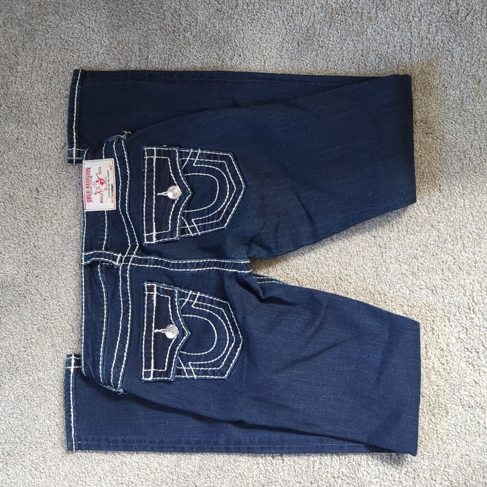 True Religion Nat Big T Skinny with Flaps Dark Blue Jeans White Stitching 27